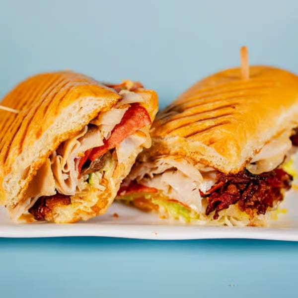Two halves of a grilled panini sandwich filled with turkey, bacon, and vegetables on a white plate.